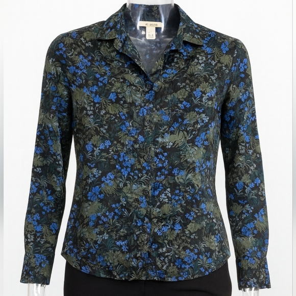 Ann Taylor XS Floral Print Blouse Black Blue Green Long Sleeve - Picture 1 of 7